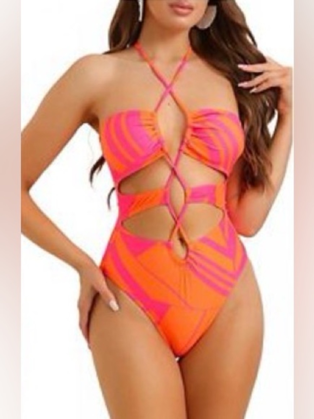 👙New Pink Orange Halter Criss Cross Color Block Bikini String Cut Out Swimsuit🩷🧡